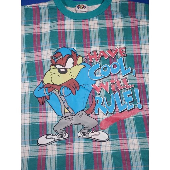 Vintage 90s Looney Tunes Tasmanian Devil (Taz) Plaid Sleep Shirt Men's XL - Picture 5 of 15